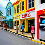 ** A busy street scene in Bridgetown, Barbados. Focus on a brightly colored CIBC FirstCaribbean ATM located near a bustling market. Show tourists and locals using the ATM. Emphasize the convenience and accessibility of ATMs in tourist areas.

**