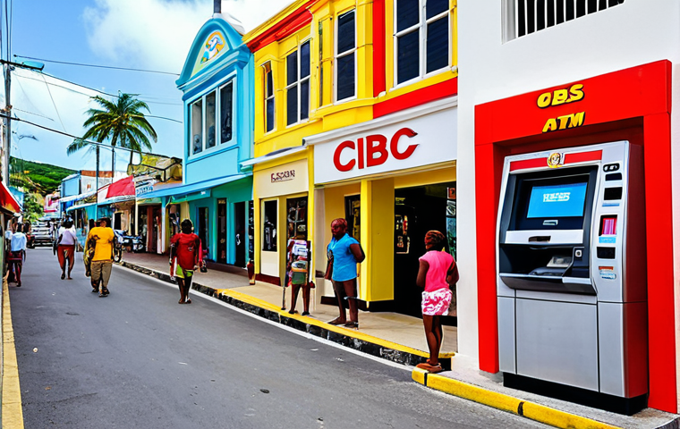 ** A busy street scene in Bridgetown, Barbados. Focus on a brightly colored CIBC FirstCaribbean ATM located near a bustling market. Show tourists and locals using the ATM. Emphasize the convenience and accessibility of ATMs in tourist areas.
**